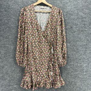 So Wrap Dress Women M Medium Blue Floral Short V-Neck Tie Up Tasseled Rayon